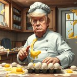 Trump breaking eggs, with no idea how to make an omelet
