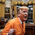 Convicted Felon Trump in prisoner orange closeup in Oval Office GIF Template