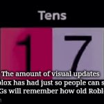 Bring back the green playbutton, 2 square o's and the menu that says reser character first and not leave first | The amount of visual updates Roblox has had just so people can say "only OGs will remember how old Roblox was | image tagged in gifs,roblox | made w/ Imgflip video-to-gif maker