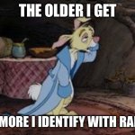 Rabbit | THE OLDER I GET; THE MORE I IDENTIFY WITH RABBIT | image tagged in rabbit | made w/ Imgflip meme maker
