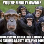 It's all just a bad dream bro | YOU'RE FINALLY AWAKE; 100 HUMANS? WE GOTTA FIGHT THEM? WHAT ARE YOU TALKING ABOUT? LETS FIND SOME FOOD | image tagged in waking up ape,gorilla,100 guys vs 1 gorilla,memes,monkey | made w/ Imgflip meme maker