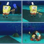 Spongebob Squarepants & Salesmen behind the rock