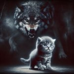 Cute kitten chased by wolf template