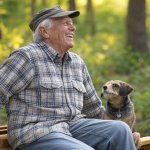 Old elderly man laughing dog woods bench