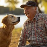 Old elderly man laughing dog woods bench