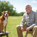 Old elderly man laughing dog woods bench
