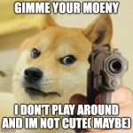doge robs | GIMME YOUR MOENY; I DON'T PLAY AROUND AND IM NOT CUTE( MAYBE) | image tagged in doge holding a gun | made w/ Imgflip meme maker