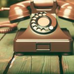 low quality image of a brown telephone sitting on a green table,