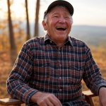 Elderly old man laughing woods bench