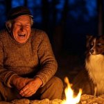 Old elderly man laughing dog woods fire bench
