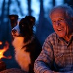 Old elderly man laughing dog woods fire bench