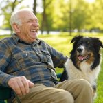 Old elderly man laughing dog woods bench