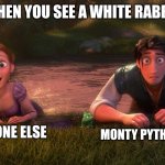 Monty Python Fans | WHEN YOU SEE A WHITE RABBIT; EVERYONE ELSE; MONTY PYTHON FANS | image tagged in tangled those who know,monty python and the holy grail,rabbit | made w/ Imgflip meme maker