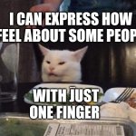 Smudge that darn cat | I CAN EXPRESS HOW I FEEL ABOUT SOME PEOPLE; WITH JUST ONE FINGER | image tagged in smudge that darn cat | made w/ Imgflip meme maker