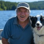Old elderly man laughing fishing boat border collie dog