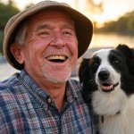 Old elderly man laughing fishing boat border collie dog