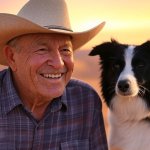 old elderly man laughing with dog cowboy hat sunset