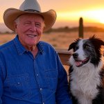 old elderly man laughing with dog cowboy hat sunset