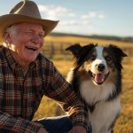 old elderly man laughing with dog cowboy hat