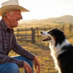 old elderly man laughing with dog cowboy hat