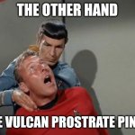 vulcan nerve pinch | THE OTHER HAND; THE VULCAN PROSTRATE PINCH | image tagged in vulcan nerve pinch | made w/ Imgflip meme maker