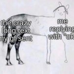 all you gotta do is say "ok" and that solves everything | me replying with "ok"; the crazy long text my gf sent | image tagged in horse drawing,memes,funny,relatable | made w/ Imgflip meme maker