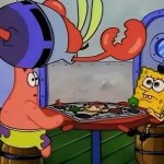 Mr Krabs jumping onto a table meme