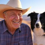 Old elderly man laughing dog Texas desert