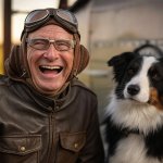 Elderly old man pilot dog laughing