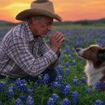 Old elderly cowboy praying field bluebonnets dog border collie