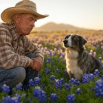Old elderly cowboy praying field bluebonnets dog border collie