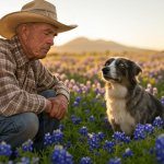 Old elderly cowboy praying field bluebonnets dog border collie