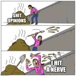 Shit opinions | SHIT OPINIONS; I HIT A NERVE | image tagged in lady shoveling poop over wall | made w/ Imgflip meme maker