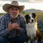 Old elderly cowboy praying field bluebonnets dog border collie
