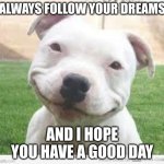hope you have a good time :) | ALWAYS FOLLOW YOUR DREAMS; AND I HOPE YOU HAVE A GOOD DAY | image tagged in happy friday puppy | made w/ Imgflip meme maker