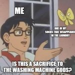 Is This A Pigeon | ME; ONE OF MY SOCKS THAT DISAPPEARED IN THE LAUNDRY; IS THIS A SACRIFICE TO THE WASHING MACHINE GODS? | image tagged in memes,is this a pigeon,socks,laundry | made w/ Imgflip meme maker
