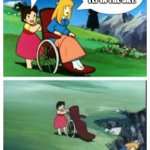 Wheelchair cartoon cliff | WHAT ARE YOU WANTS. I WANTS TO FLY IN THE SKY. | image tagged in wheelchair cartoon cliff | made w/ Imgflip meme maker