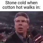 Did any of you get it? | Stone cold when cotton hot walks in: | image tagged in x when x walks in,memes,funny,stone cold steve austin | made w/ Imgflip meme maker