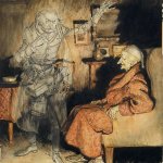Scrooge getting visited by Marley