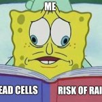 The exact same be like | ME; DEAD CELLS; RISK OF RAIN | image tagged in cross eyed spongebob | made w/ Imgflip meme maker
