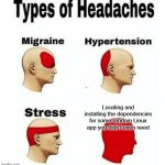 Missing dependencies | Locating and installing the dependencies for some random Linux app you didn't even need | image tagged in types of headaches meme,linux,installing,dependencies | made w/ Imgflip meme maker