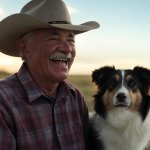 Old elderly cowboy laughing dog