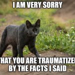 Black Serval Cat | I AM VERY SORRY; THAT YOU ARE TRAUMATIZED BY THE FACTS I SAID | image tagged in black serval cat | made w/ Imgflip meme maker