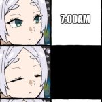 HOWWWWWW | pov: every morning; 7:00AM; 9:30AM | image tagged in frieren blink | made w/ Imgflip meme maker