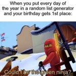 Maybe I could... | When you put every day of the year in a random list generator and your birthday gets 1st place: | image tagged in could i be the green ninja | made w/ Imgflip meme maker