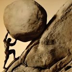 Sisyphus rolling the boulder