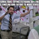Forces turn sonic fans into charlie day | SONIC FANS TRYING TO FIGURE OUT THE SONIC TIMELINE AND TRYING TO MAKE SENSE OF IT | image tagged in charlie conspiracy always sunny in philidelphia | made w/ Imgflip meme maker