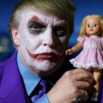 Donald Trump face painted like Joker with doll