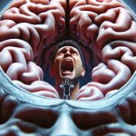 A brain with a tiny person inside screaming