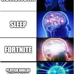Expanding Brain | HOMEWORK; SLEEP; FORTNITE; PLAYIGN ROBLOX ALL NIGHT AND NOT GETTING ANY SLEEP | image tagged in memes,expanding brain | made w/ Imgflip meme maker